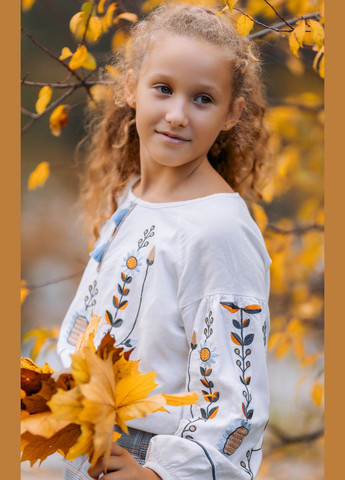 Молочная вышиванка льняная для девочки молочная блуза с вышивкой колосков и подсолнухов узор украинская символика лен (311221518)