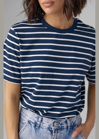 Темно-синяя летняя женская футболка прямого кроя в полоску 2454 с коротким рукавом Lurex