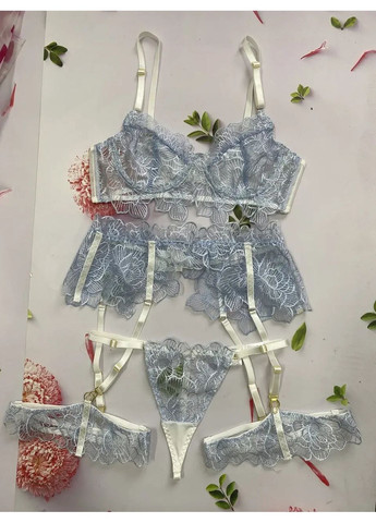 Голубой демисезонный кружевной комплект нижнего белья с поясом из подтяжек и гартерами. женское нижнее белье из мягкого кружева прозрачное China