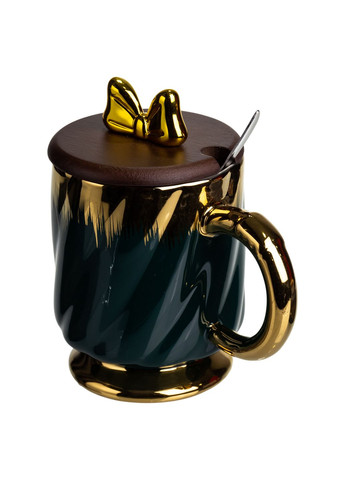 Чашка фарфоровая Ribbon 450 мл с крышкой и ложкой, малахит Yiwu (373639755)