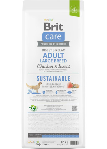 Корм для собак великих порід Dog Sustainable Adult Large Breed з куркою та комахами 12 кг (8595602558742) Brit Care (366081628)