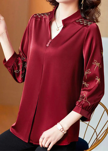 Бордова блуза жіноча вільна з оригінальною вишивкою No Brand