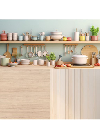 Вініловий фотофон 3D, кухня з посудом і полицями, підлога світле дерево і біле дерево, 80×80 см, №58325 PhotoVinyl (354359420)