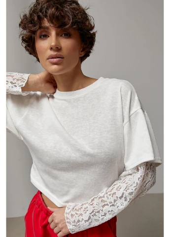 Короткий однотонний лонгслів з мереживними рукавами Lurex (384346553)