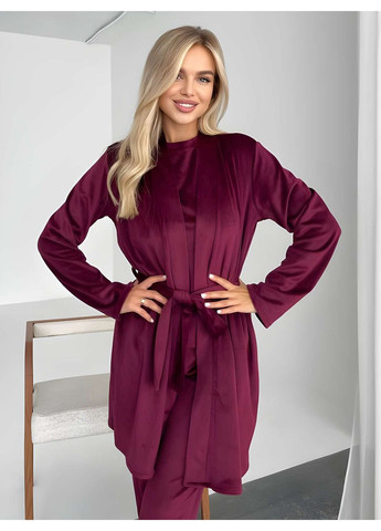 Бордова зимня жіноча велюрова домашня піжама піжамний комплект трійка зі штанами лавандовий бузковий Україна