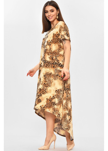 Бежева повсякденний сукня жіноча напівбатальна бежевого кольору з принтом з баскою Let's Shop однотонна