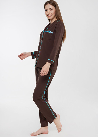 Коричневая всесезон пижама женская коричневого цвета с бирюзовым кантом. кофта + брюки ORA