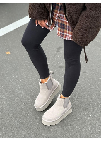 Зимние угги женские из натуральной замши ботинки на платформе тёплые челси серые на меху зимние No Brand