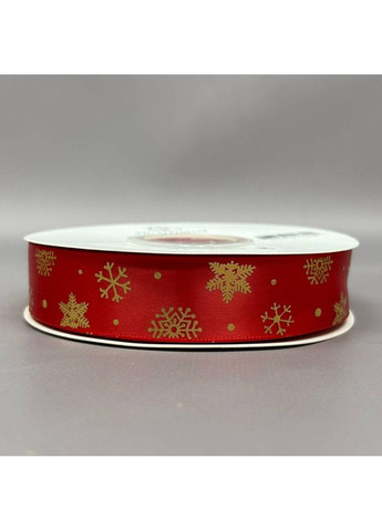 Стрічка атласна 2,5см із новорічним малюнком - червона сніжинка із золотом Plus-plus (352751796)