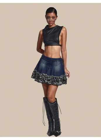 Синяя колор блок джинсовая юбка SHEIN