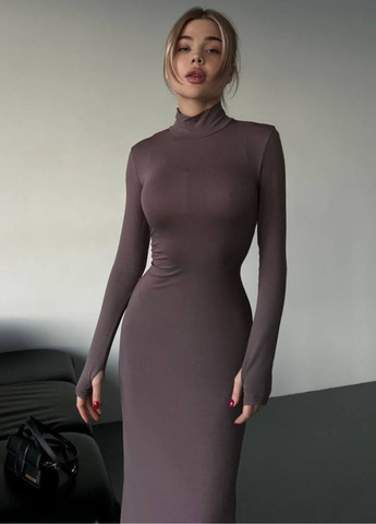 Кофейное повседневный повседневное приталенное макси платье с высоким воротником и вырезами под пальчик платье-водолазка Україна однотонное