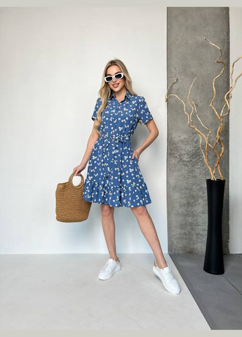 Синя повсякденний літня сукня з візерунком та воланом MonCher з квітковим принтом