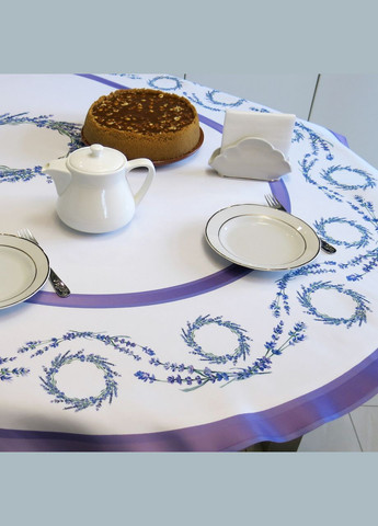 Водоотталкивающая белая cкатерть на круглый стол с лавандой 160см. Круглая скатерть с лавандой Maystat (305390666)