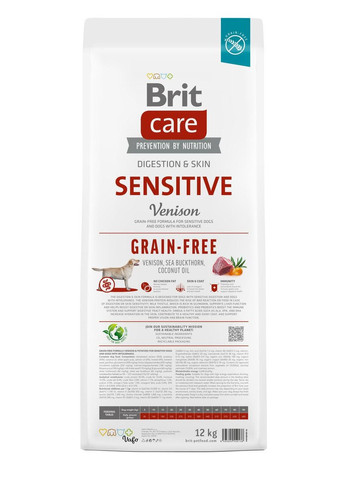 Сухий корм Dog Grain-free Sensitive для собак з чутливим травленням, беззерновий з олениною, 12 кг Brit Care (363196041)