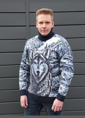 Темно-синий зимний свитер мужской синий зимний с волком большой размер Pulltonic Пряма