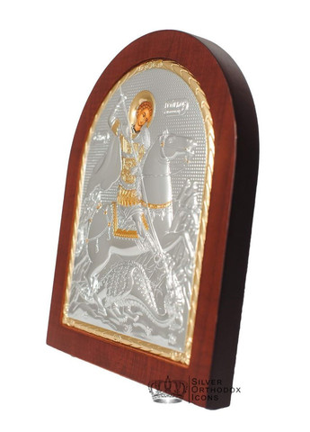 Серебряная Икона Георгий Победоносец 20х25см арочной формы на дереве Silver Axion (265446330)