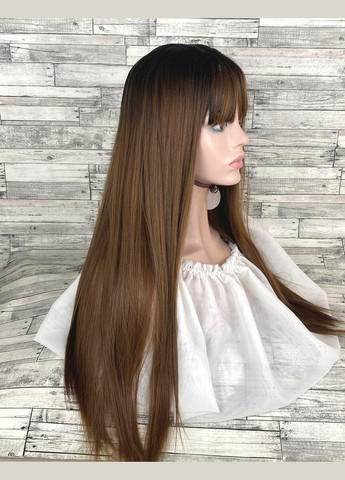 Перука жіноча темно-руса з темним корінням пряма з чубчиком 70см з термоволокна No Brand 5411 (298807297)