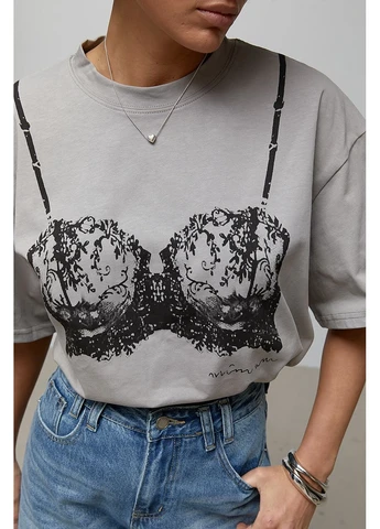 Оверсайз футболка с принтом корсета, серая, ONE SIZE, летний трикотаж хлопок No Brand (399770063)