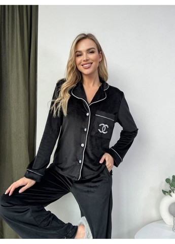 Чорна всесезон піжама з турецького велюру з вишивкою — заміри в описі сорочка + брюки GD/GL Модний простір