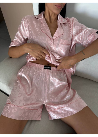 Розовая всесезон женская пижама розовая с леопардовым узором рубашка + шорты Vital-Textile 1288