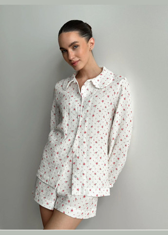 Белая всесезон женская муслиновая пижама цветочный принт (шорты и рубашка) стильная одежда для дома хлопковая пижама женская Twins