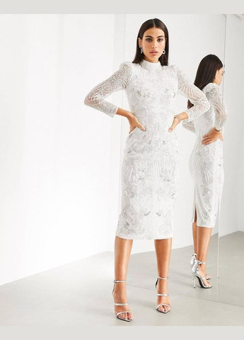 Білий сукня міді ексклюзивна з оздобленням перлинам бісером вечірн Asos