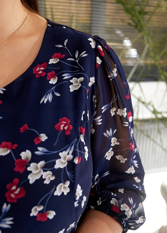 Темно-синее повседневный, коктейльное, вечернее шифоновое платье с поясом клеш, колокол No Brand с цветочным принтом