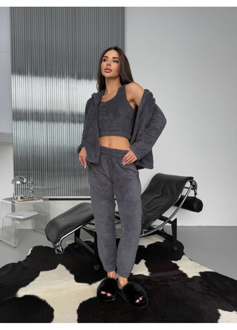 Графитовая зимняя пижама 349 тройка турецкая двухсторонняя махра топ,штаны, кофта с капюшоном Україна