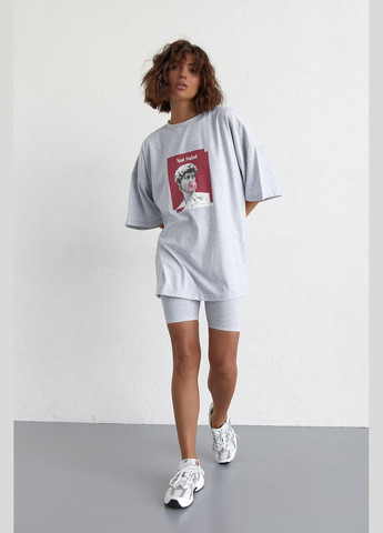 Жіночий костюм з футболкою oversize та велосипедками - світло-сірий колір, S (sku_1313) No Brand (315391001)