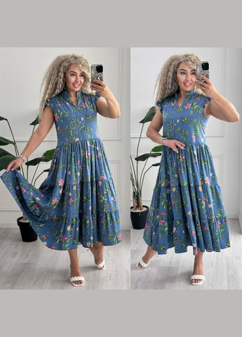 Синее повседневный, кэжуал женское платье Україна с цветочным принтом