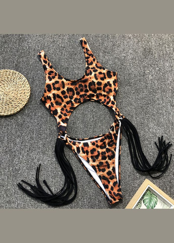 Бежевий літній жіночий суцільний купальник монокіні з вісюльками з боків чорний No Brand