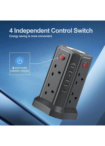 Башенный удлинитель со слотами USB 3м USB 20 Вт с подсветкой (13A 3250 Вт) английская розетка No Brand (356505579)