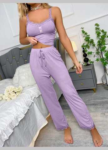 Сиреневая всесезон пижама julia брючная в рубчик набор майка брюки брюки с декором рюши майка + брюки No Brand Піжама в рубчик Julia чорний