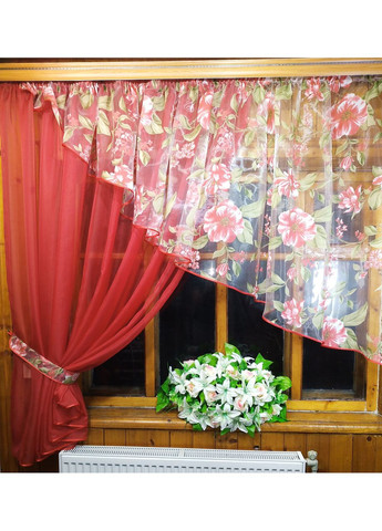 Занавеска кухонная короткая готовая Анжелика красная яблочный цвет левая No Brand (372134023)