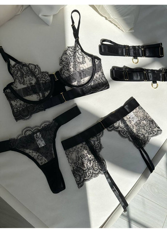 Чорний балконет комплект жіночої білизни | вишукана спокуса, чорний мереживний Vital-Textile з кісточками поліестер