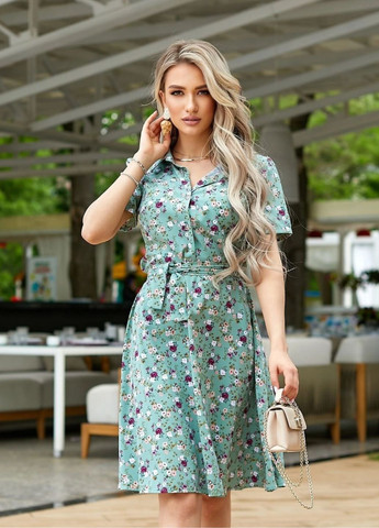 Оливковое повседневный платье-сорочка в цветочек рубашка No Brand с цветочным принтом