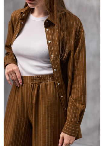 Коричневый женский костюм рубашка + брюки льняные в полоску мокко Bessa - летний