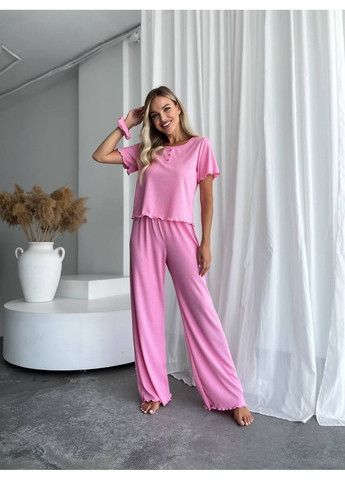 Женский домашний комплект тройка (топ+резинка+штаны) розового цвета 34012 No Brand (350606207)