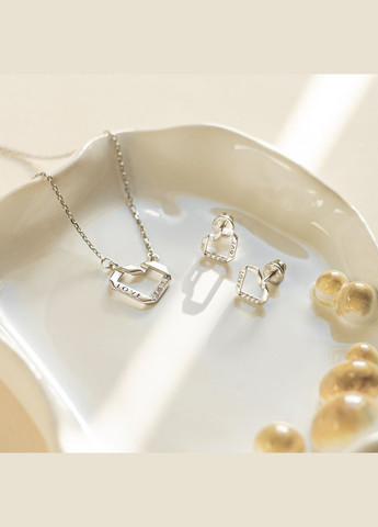 Комплект срібний Сердечко з написом LOVE і білими фіанітами сережки пусети та кольє Каштан (342335411)