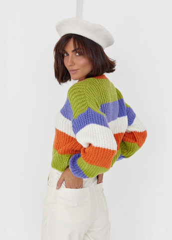 Оранжевый демисезонный укороченный вязаный свитер в цветную полоску 172 Lurex