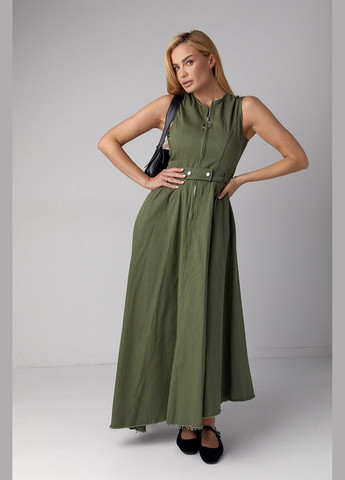 Оливкова (хакі) сукня максі з блискавкою та асиметричним подолом Lurex