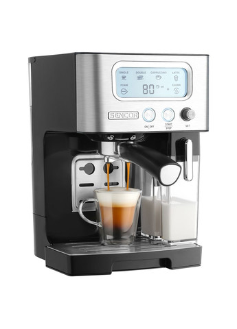 Кофеварка рожковая 1.4л, молотая, автоматический капучинатор, LCD-дисплей, нерж. сталь-черный Sencor (330031606)