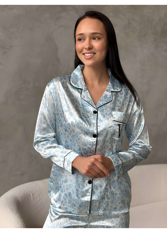 Голубая женская шелковая голубая леопардовая пижама брючная рубашка на пуговицах и брюки No Brand