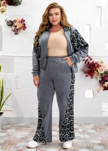 Базовий повсякденний демісезонний велюровий костюм двійка з леопардовими вставками: кофта на блискавці + штани Tik-Tak (363987908)