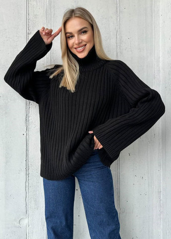 Чорний зимовий светр в рубчик з комірцем на молнії Famo