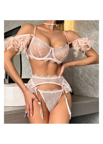 Рожевий демісезонний мереживний комплект із поясом. комплект спідньої білизни з пір'ям. прозора жіноча спідня білизна рожева l No Brand