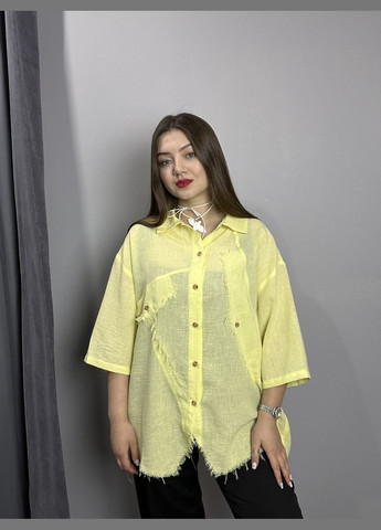 Желтая демисезонная женская рубашка с асимметричными краями жёлтого цвета mkrm4123-2 Modna KAZKA