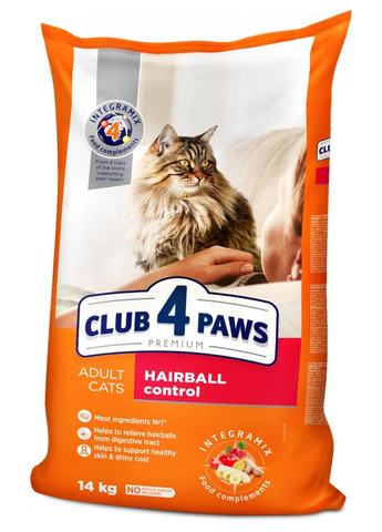 Сухой корм для выведения шерсти для взрослых кошек 14 кг CLUB 4 PAWS Клуб 4 Лапы (278307921)