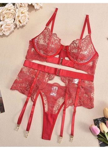Червоний жіночий комплект спідньої білизни eva бюстгальтер пояс з гартерами та трусики мереживний набір білизни No Brand Комплект