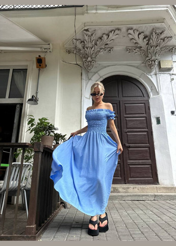 Голубое женское платье лен No Brand